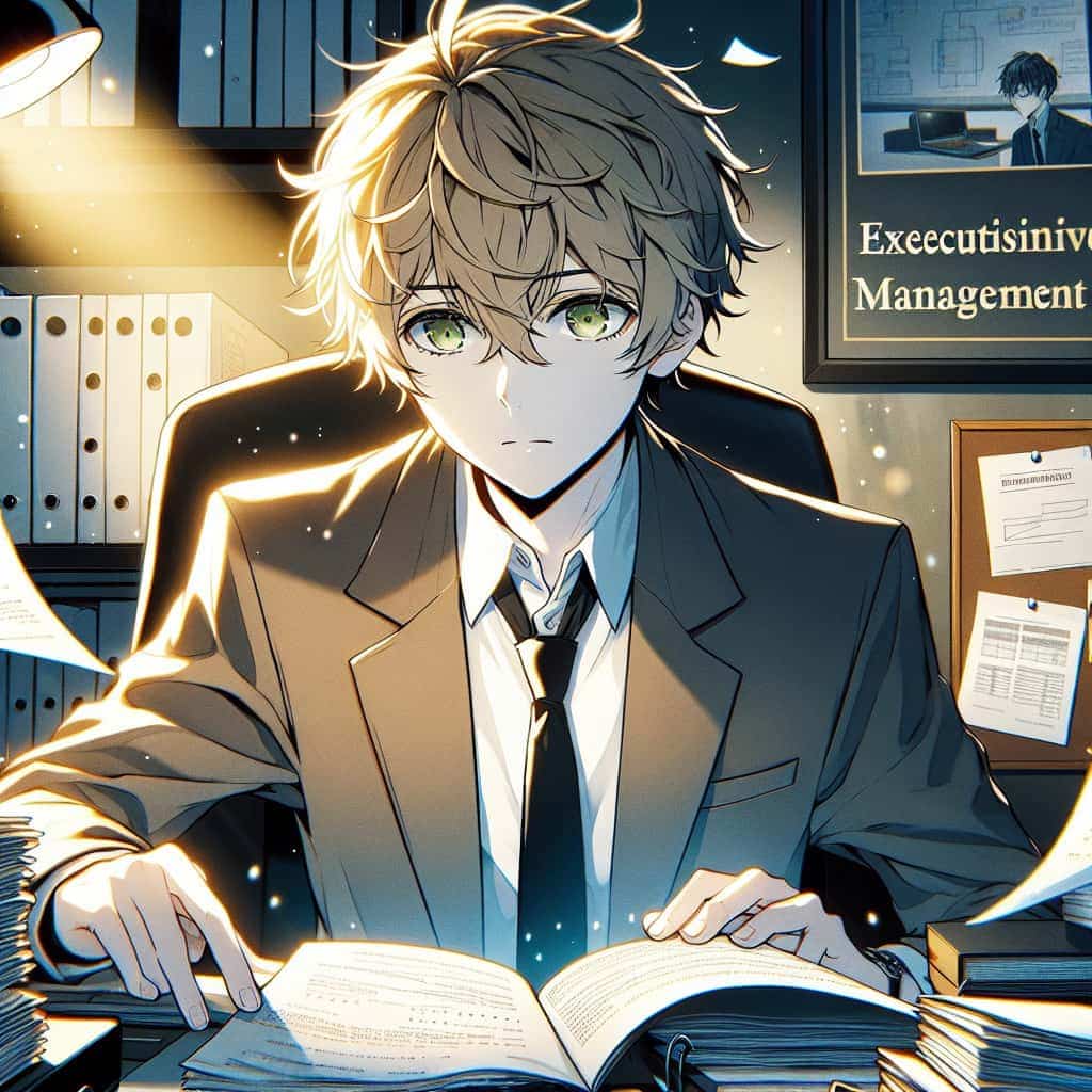 imagine in anime seraph of the end like look showing an anime boy with messy blond hair and green eyes working in agentur fuer executive interim management