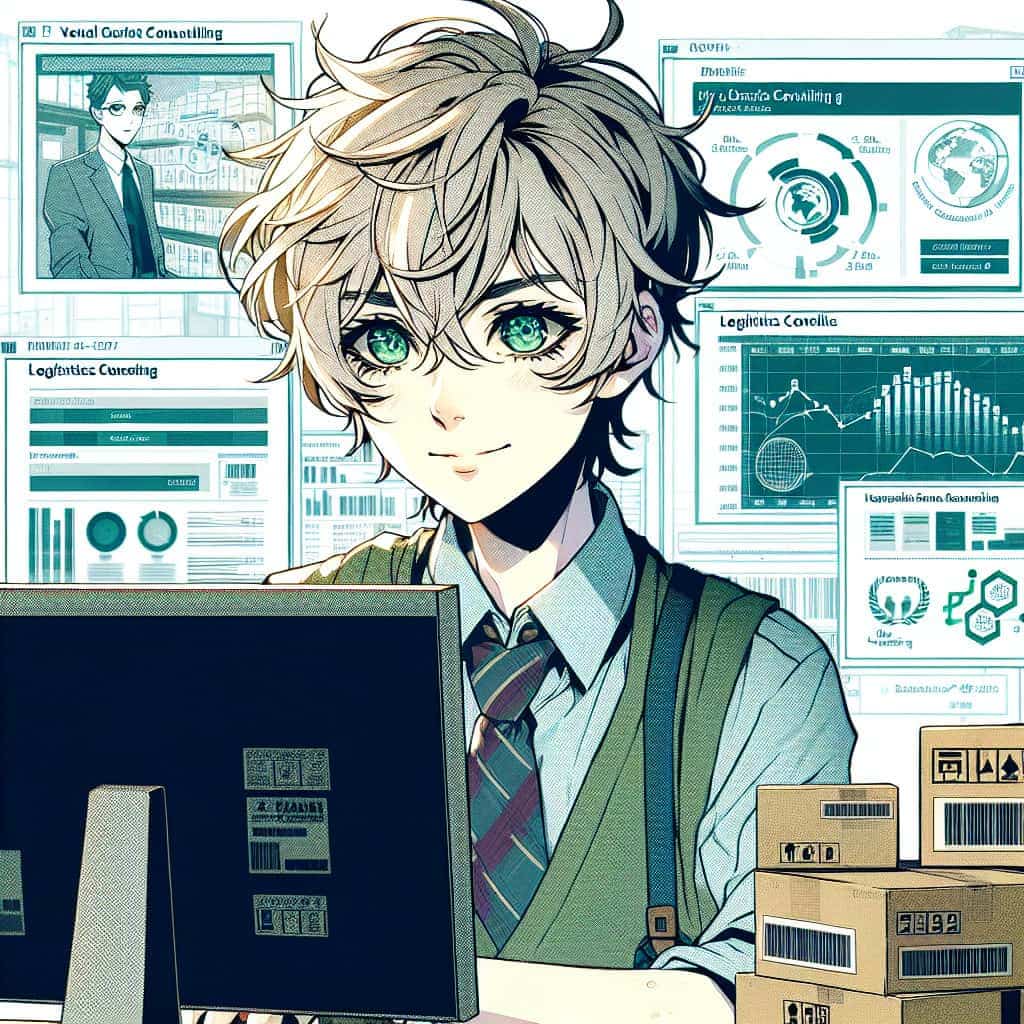 imagine in anime seraph of the end like look showing an anime boy with messy blond hair and green eyes working in amazon fba beratung