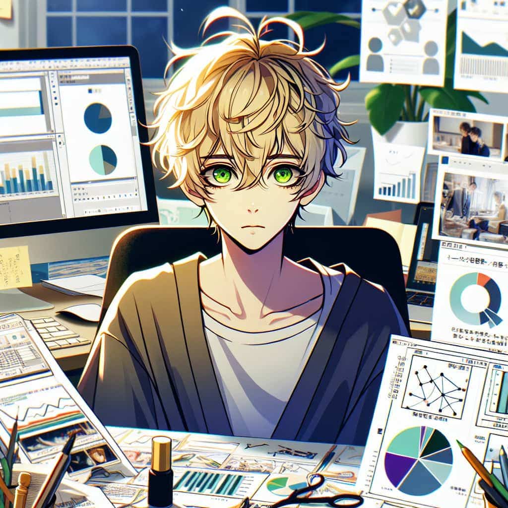 imagine in anime seraph of the end like look showing an anime boy with messy blond hair and green eyes working in digitales marketing